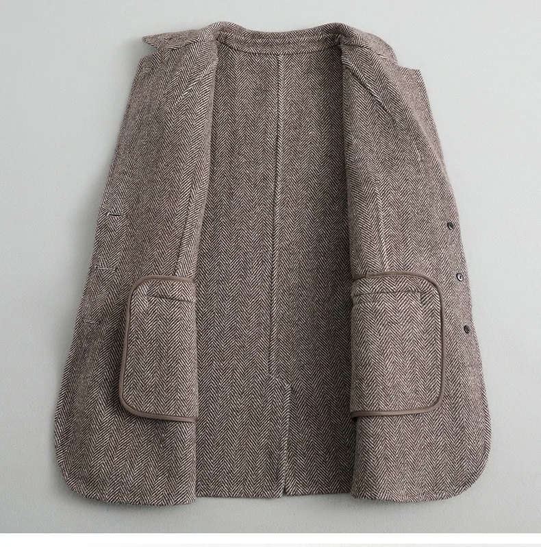 Женский 2019 FW двусторонний шерстяной Блейзер кофе елочка полосатый пиджак |