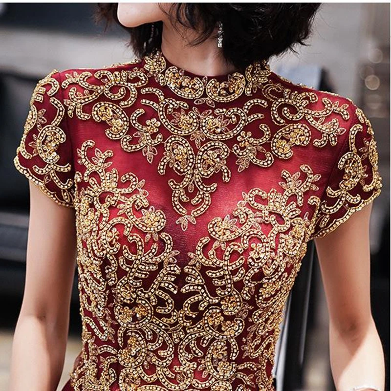 

Evening Dress Sexy Stand-up collar Robe De Soiree Applique Women Party Dresses Short Sleeve Elegant Formal Evening Gowns robes