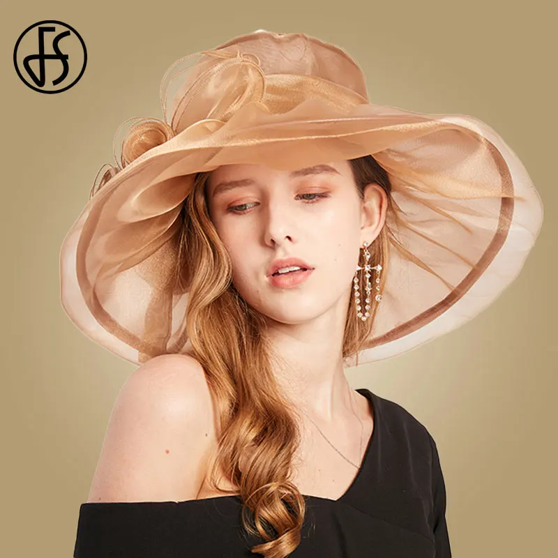 Женская шляпка из органзы FS элегантная фиолетовая с широкими полями и цветами