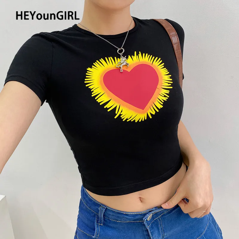 HEYounGIRL повседневные Черные женские футболки в китайском стиле Harajuku короткий топ с