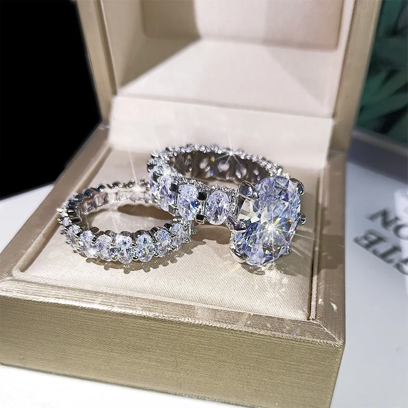 

Popular European and American fashion bloggers with the same silver accessories, new zircon luxury rich woman two-piece ring