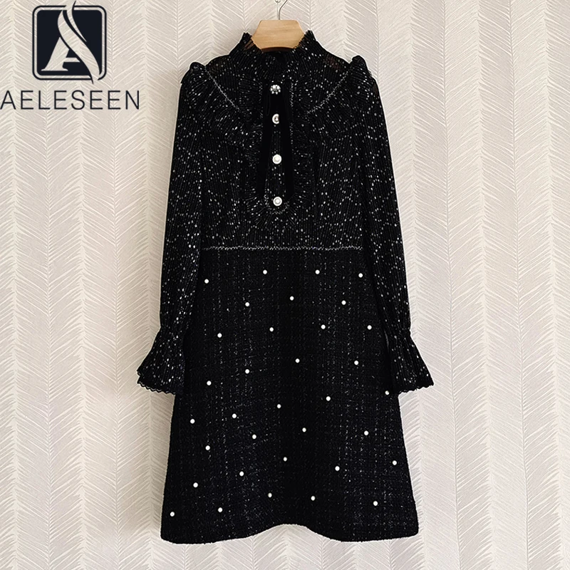 

AELESEEN Office Ladies Tweed Dress 2021 Autumn Runway Fashion Black Full Flare Sleeve Ruffles Lace Pearls Elegant Midi Dress