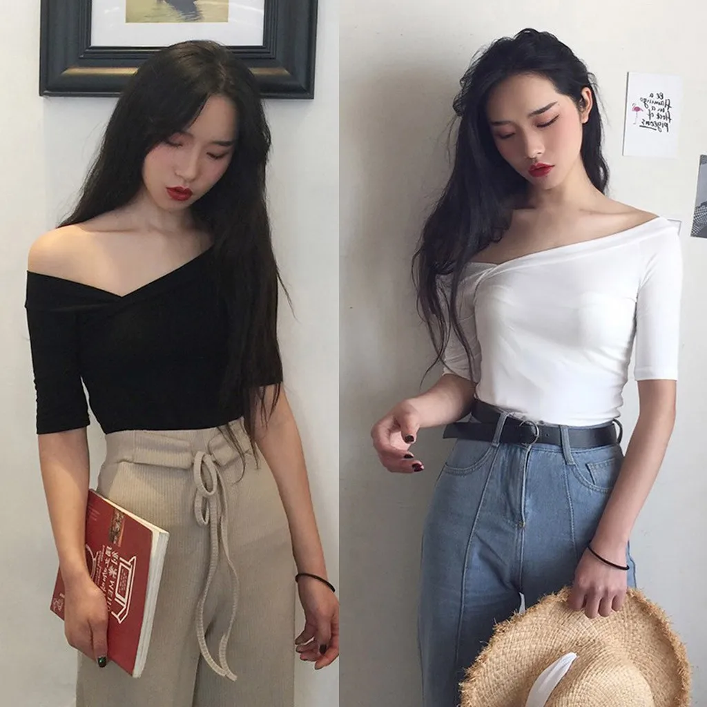 Женская футболка с косой шеей летняя ассиметричная крест короткий рукав