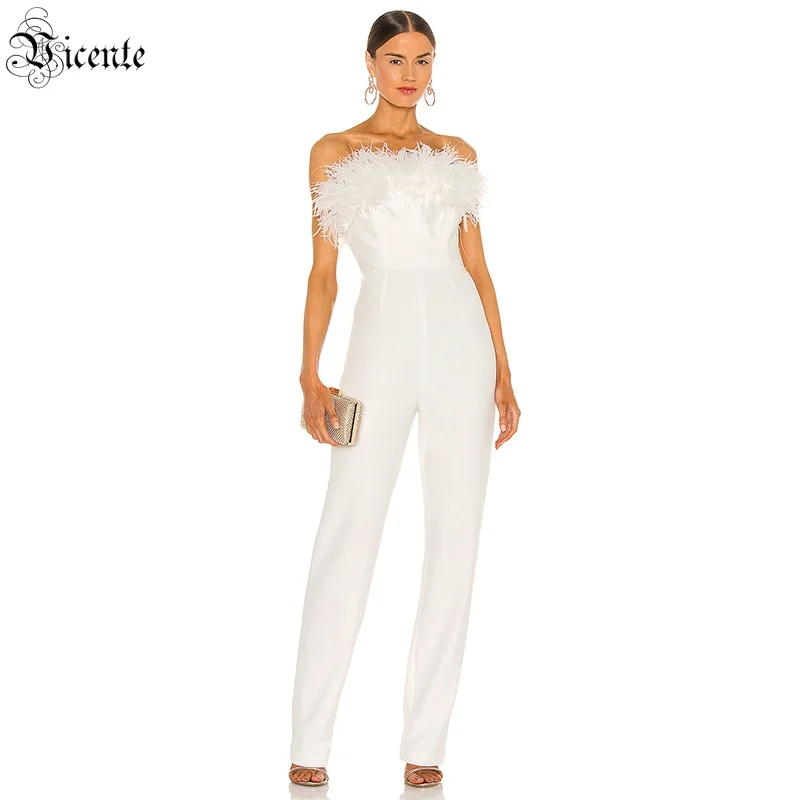 VC Tube Top White Jumpsuit For Women Feather Decoration Design Sleeveless Straight Trousers