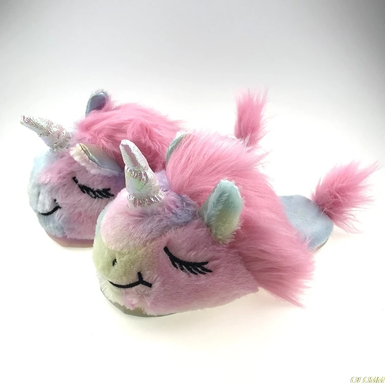 

Женские плюшевые тапочки на плоской подошве, разноцветные домашние тапочки с единорогом, 2020