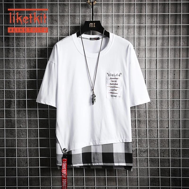 Liketkit летняя мужская футболка в японском стиле хип хоп клетку 2019 с лентами