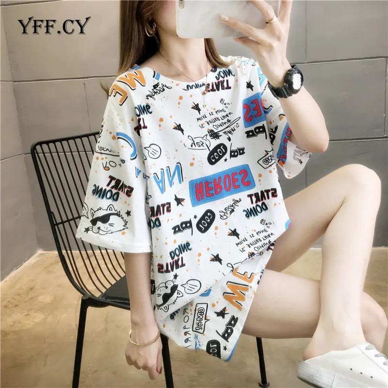 

Футболка женская с буквенным принтом, свободная уличная одежда в стиле харадзюку, модный удобный топ оверсайз с круглым вырезом, лето 2020