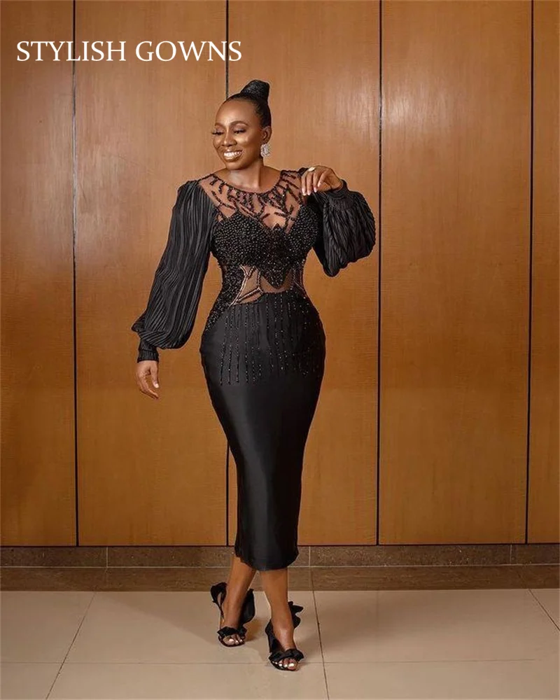 

2021 Black African Mermaid Evening Dress Beaded Dresses For Women O Neck Lantern Sleeve Birthday Party Gown Vestidos De Fiesta