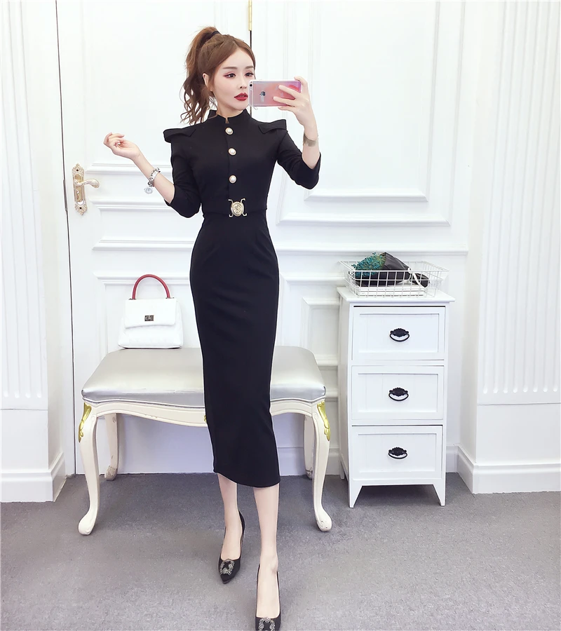 Осеннее облегающее платье с длинным рукавом женское сексуальное однотонное