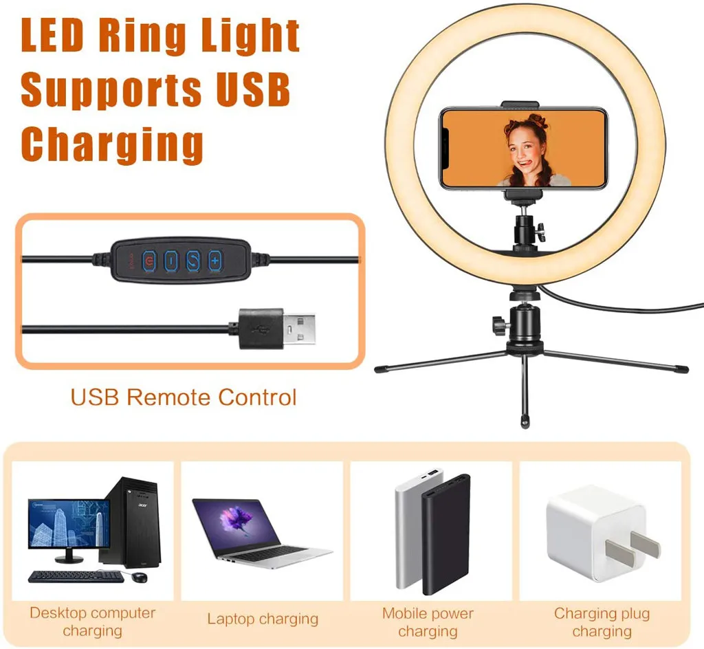 Кольцевой светильник 10 дюймов с триподом держатель для сотового телефона USB 3