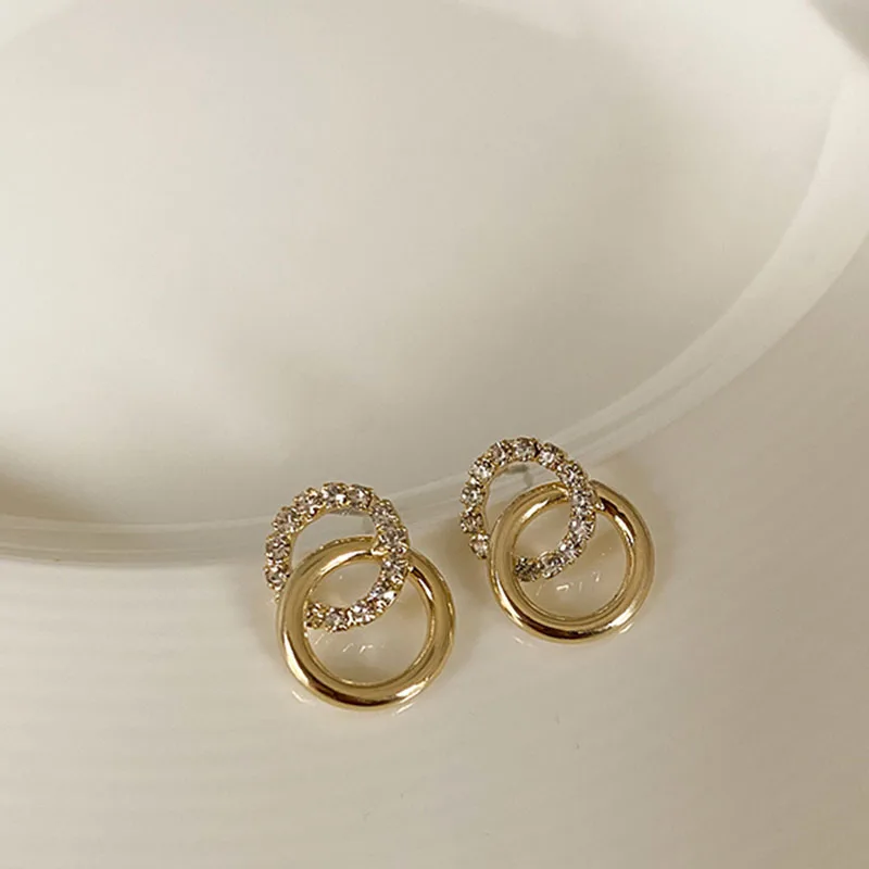 

2021 Korean Simple Double Circle Gold Color Metal Rhinestone Drop Earrings For Women Fashion Small Pendientes Jewelry Gifts