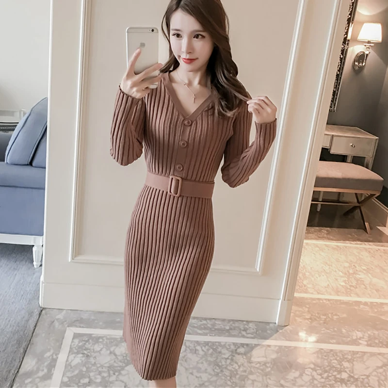 

Spring Autumn Bodycon Knitted Midi Dresses For Women Long Sleeve Slim Package Hip Korean Fashion Sashes Casual Women's Clothes