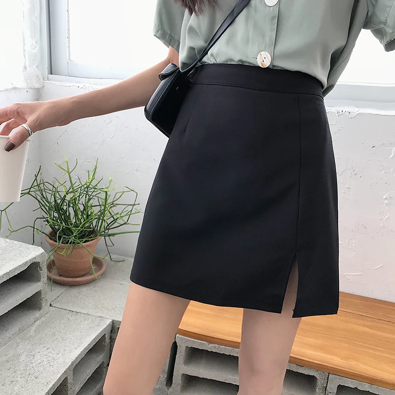 

Skirts Women Solid Summer Side-slit Mini Skirt Female Elegant All-match Office Ladies Slim Sheath Simple Sexy Leisure Fashion
