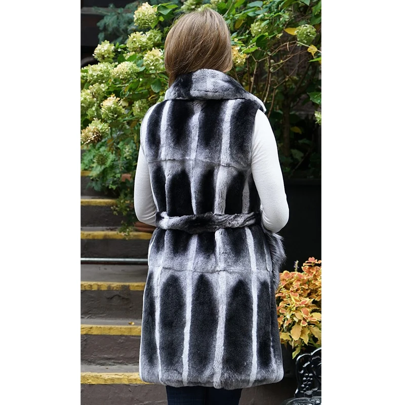 Fashion Real Chinchilla Rex Rabbit Coat Sleeveless Lapel Collar Natural Women Genuine Rex Rabbit Fur Vest With Belt Winter Coats