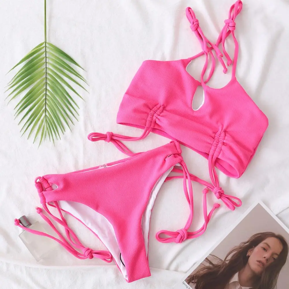 Women Swimsuit Solid Color Pink Bikini Set Bandeau Bandage Push-up Brazilian Swimwear Beachwear Sexy Two-Piece Suits |
