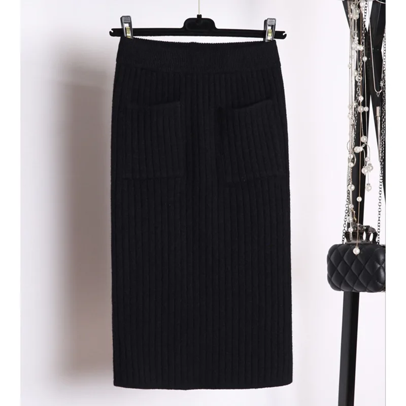 Women Knitted Skirt New Autumn Winter Korean Sexy Pack Hip High Elasticity Knit Pocket Midi Clothing AA967 |