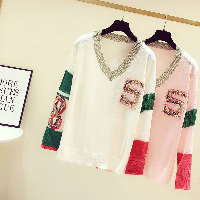 

2021 Spring and Autumn New Heavy Industry Color Matching Sequins Beaded V-neck Long-sleeved Pullover Sweater Lazy