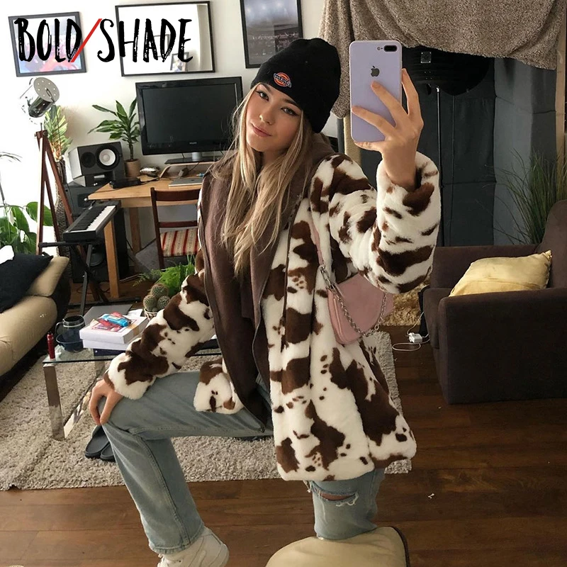 

Bold Shade Milk Cow Printed Brown Coats 90s Streetwear Button Turn-down Collar Indie Jacket Warm Winter Vintage Coat Oversize