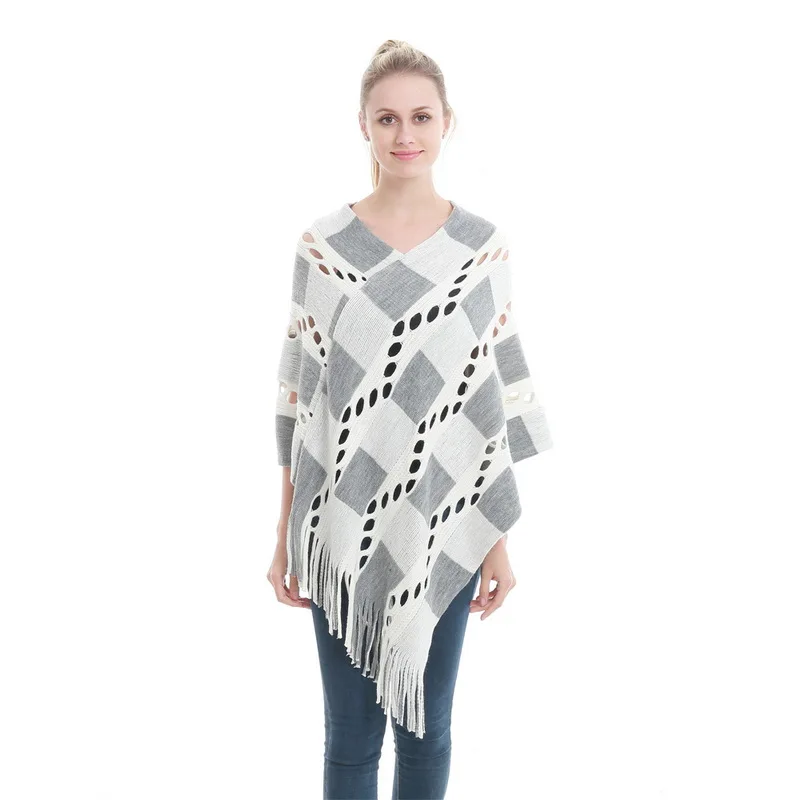 Женское теплое пальто в полоску с кисточками пончо Вязанный свитер кардиган зима