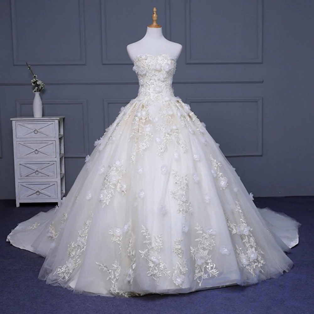 

New Robe De Mariee Princesse De Luxe Custom Made Strapless Lace Up Beading Appliques Flowers Princess Ball Gown Wedding Dresses