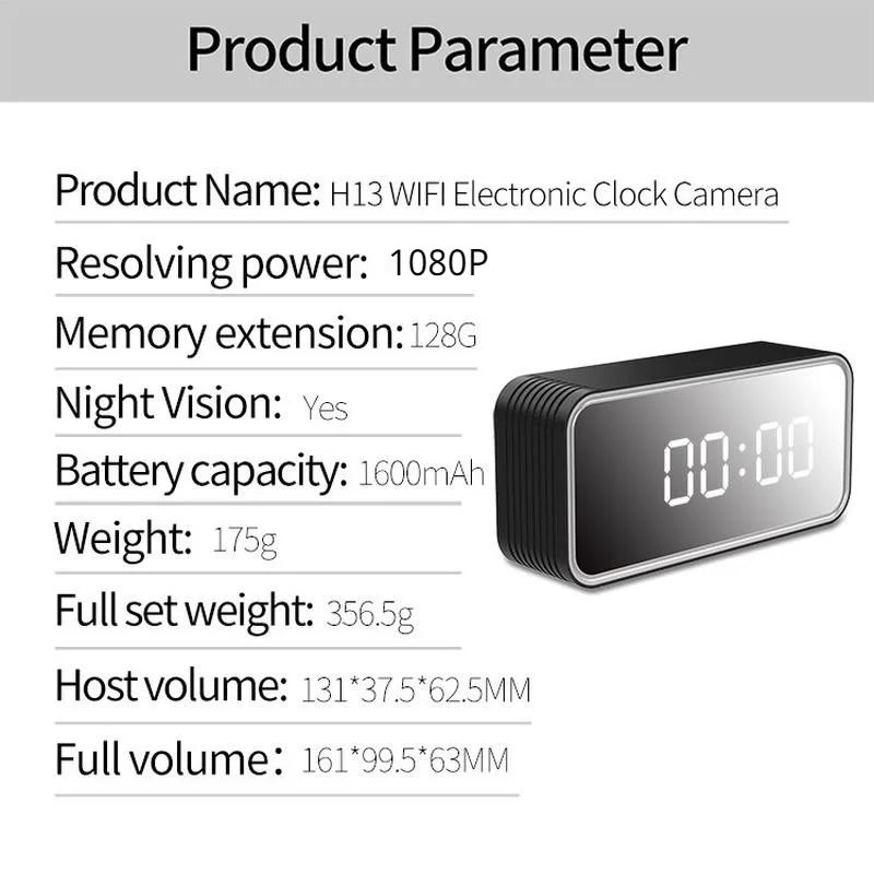 

Wifi Clock Camera 1080P Hd H13 Support Max 128Gb Memory Card 6M Detect Distance Avi Video Home Security Monitor