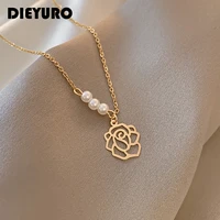 dieyuro simple stainless steel hollow flower pearl pendant necklace for women fashion choker chain jewelry 2022 new wholesale