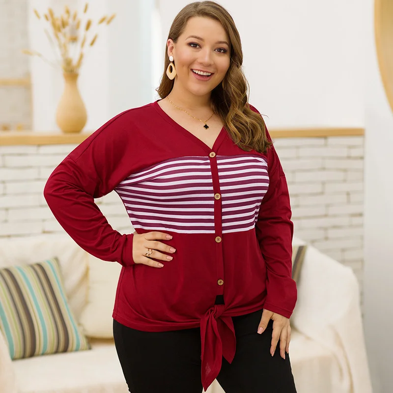 Женские полосатые лоскутные Футболки с v образным вырезом однобортные