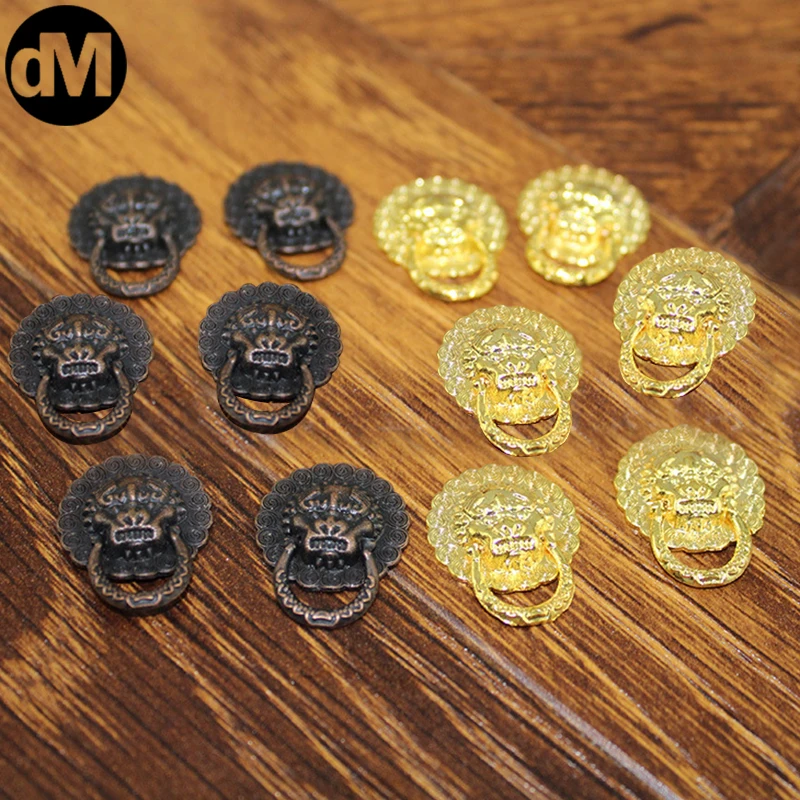 

DM 10pcs/Set 19*24mm Imitation Gold Lion Head Shaped Cabinet Pull Rings Handle Wine Box Buckle Small Size Animal Face Home Kits