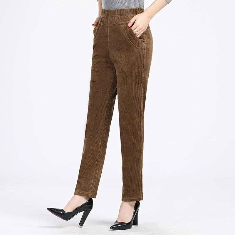 Весенне осенние женские вельветовые брюки прямые с высокой эластичной талией