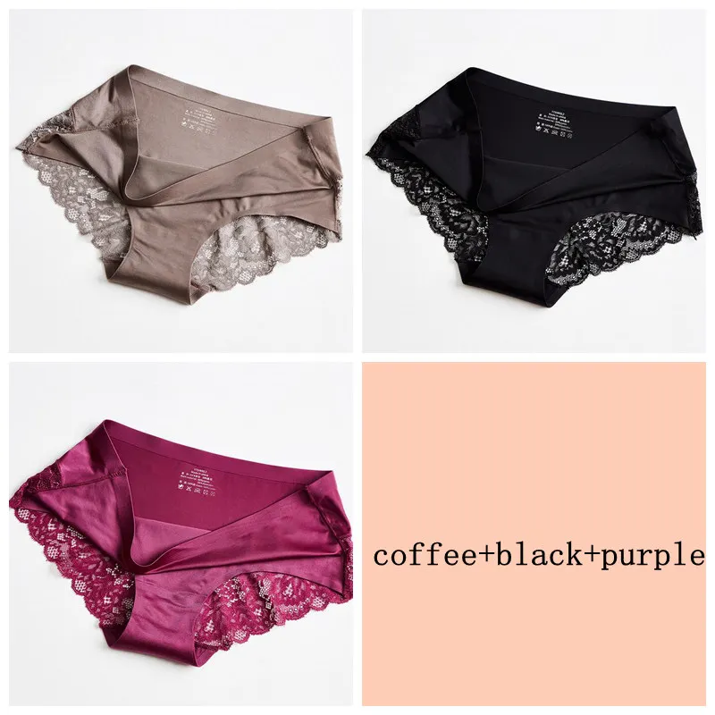 purple coffee black 3 шт., сексуальные кружевные бесшовные трусики, женские шелковые трусы, одноцветные трусы с низкой талией, нижнее белье, Летнее белье - Цвет: purple coffee black
