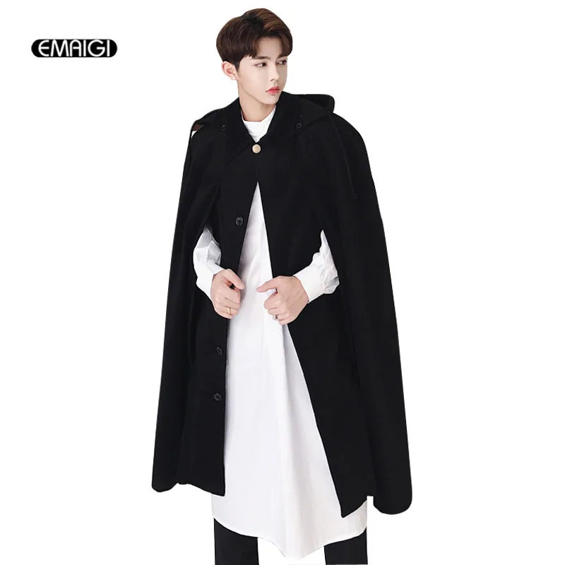 Мужской длинный шерстяной плащ с капюшоном ветровка Модный повседневный