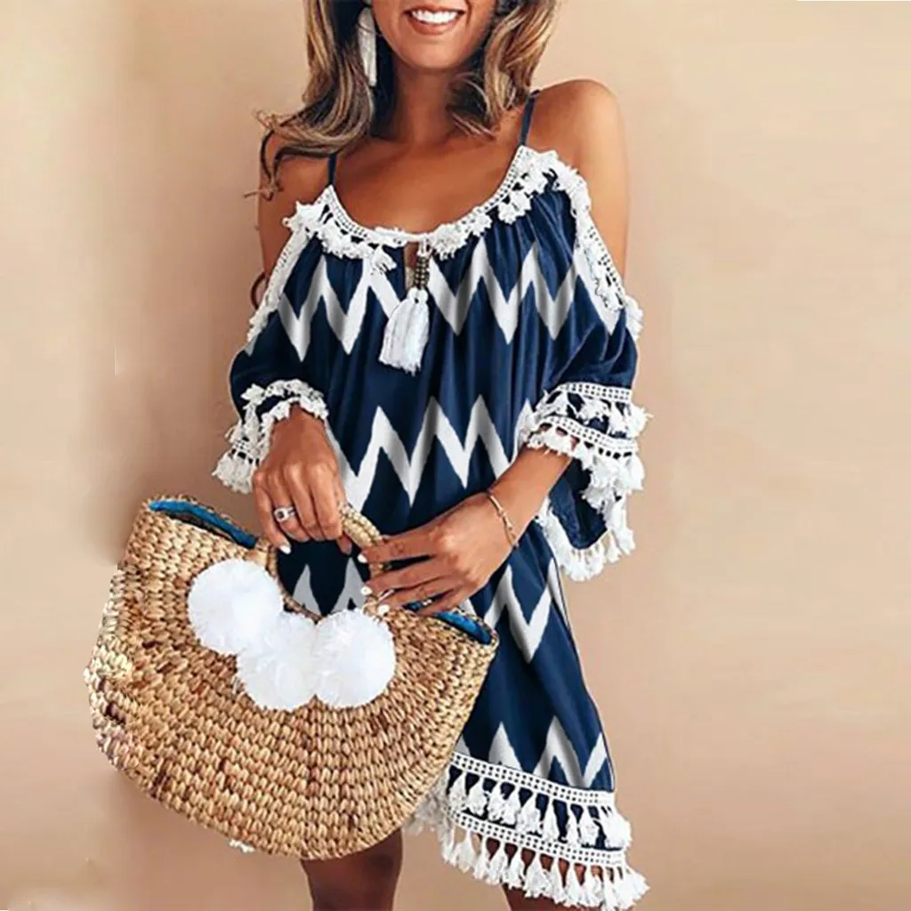 Женское платье с открытыми плечами и кисточками кружевное свободное пляжное