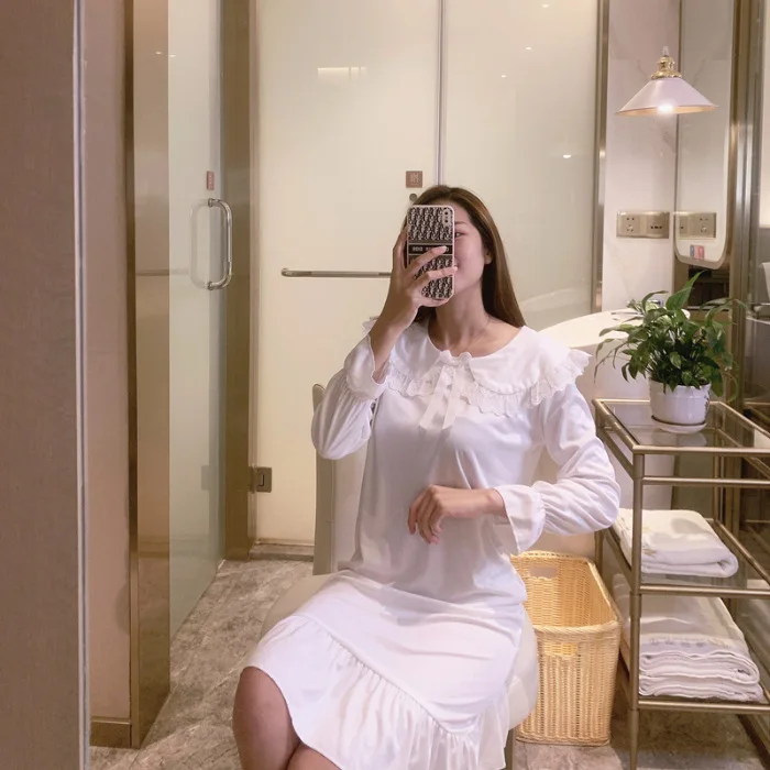 Spring Autumn Long Sleeve Fairy Palace Nightdress Women Doll Collar Princess Wind Milk Silk Striped Nightgown Home Clothes