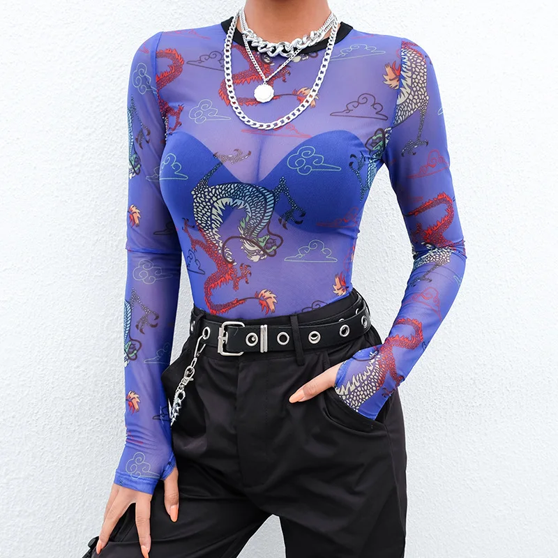 Imily Bela Sexy Mesh Crop Top Women Long Sleeve Stand Collar Print T Shirt Fashion Transparent Short T-shirt Femme Streetwear | Женская