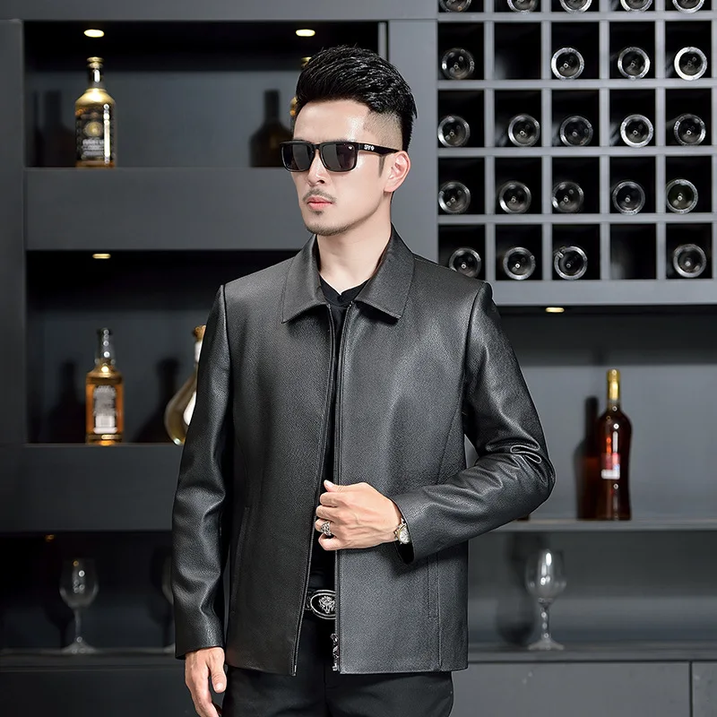 

Haining cattle leather jacket men's leather new Lapel 2021 spring and autumn short slim thin men's wear