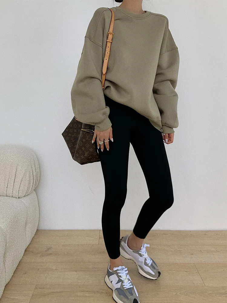 

Женские толстовки, новый зеленый свитер в Корейском стиле, женская простая Свободная куртка с круглым вырезом и длинным рукавом