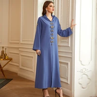 fridayin womens fashion v neck long sleeve blue edged hand sewn rhinestones and hooded abaya robe elegant dress