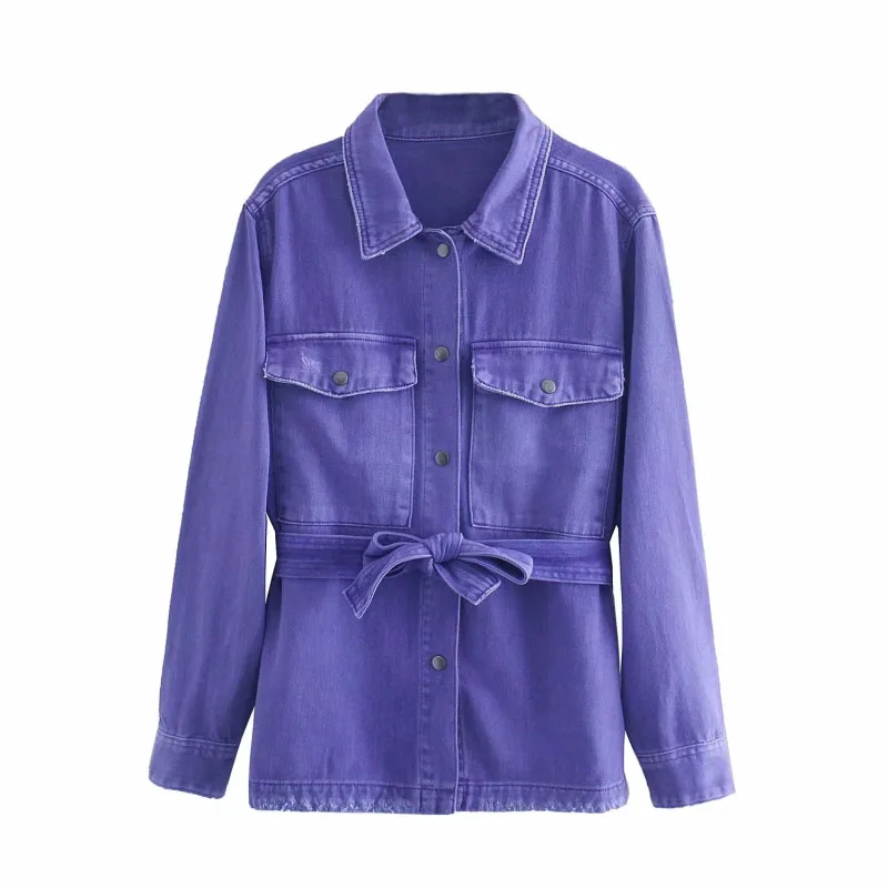 

Women Fashion Chic Bow Sashes Purple Denim Jacket Female Turn-down Collar Pockets Buttons Coat Girls Casual Streetwear