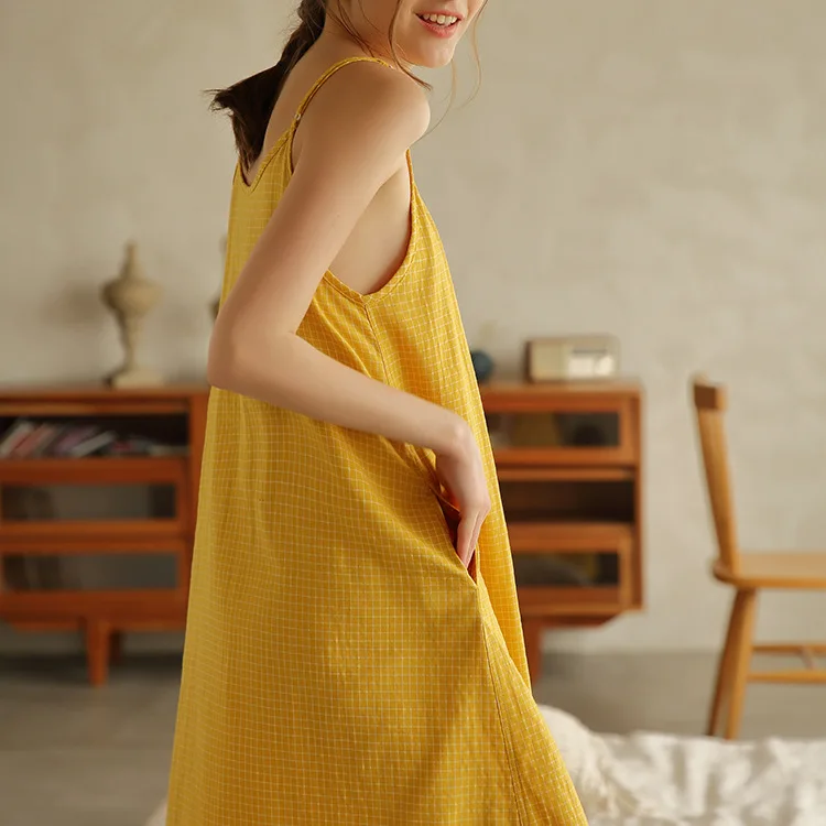 Новинка 100% хлопок и лен Ночное платье для женщины Имбирно жёлтый Пижама