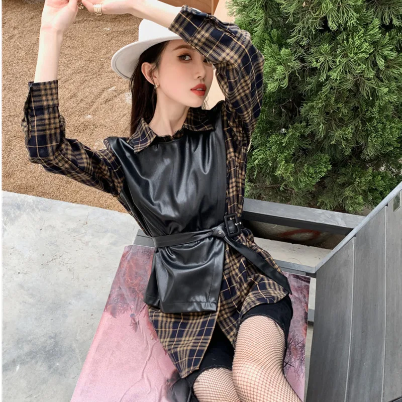 

LANMREM PU Leather Stitching Plaid Pattern Blouse Women Fashionable Shirt Female Streetwear Fashion All Match Top Clothes 2D1227