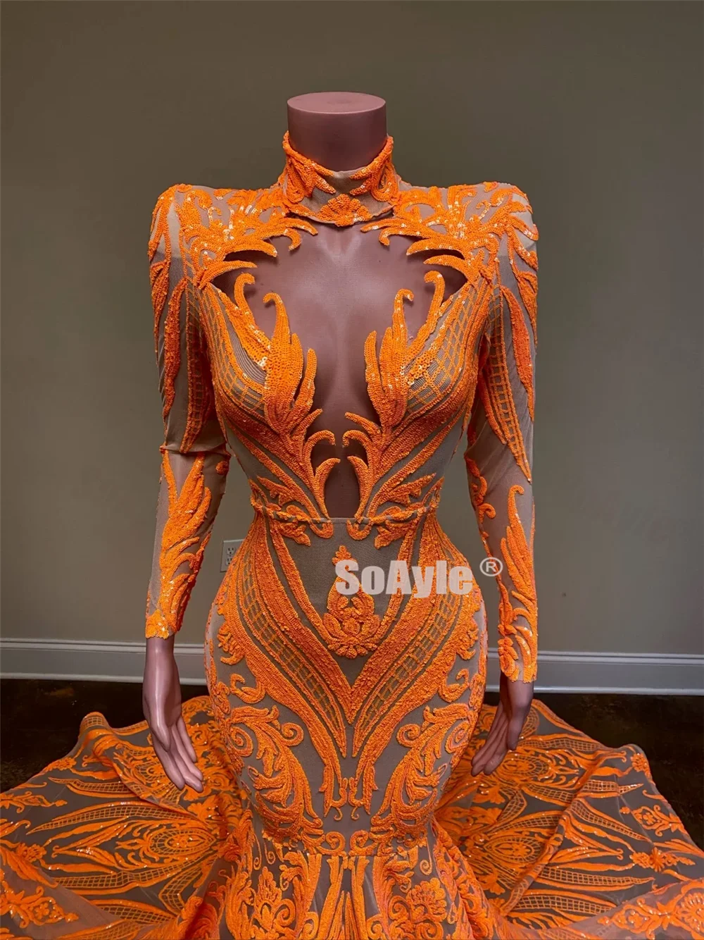 SoAyle Sexy Orange Sheer Neck 2020 Prom Dress long Sleeves Mermaid African Sequins Women's Prom Dresses