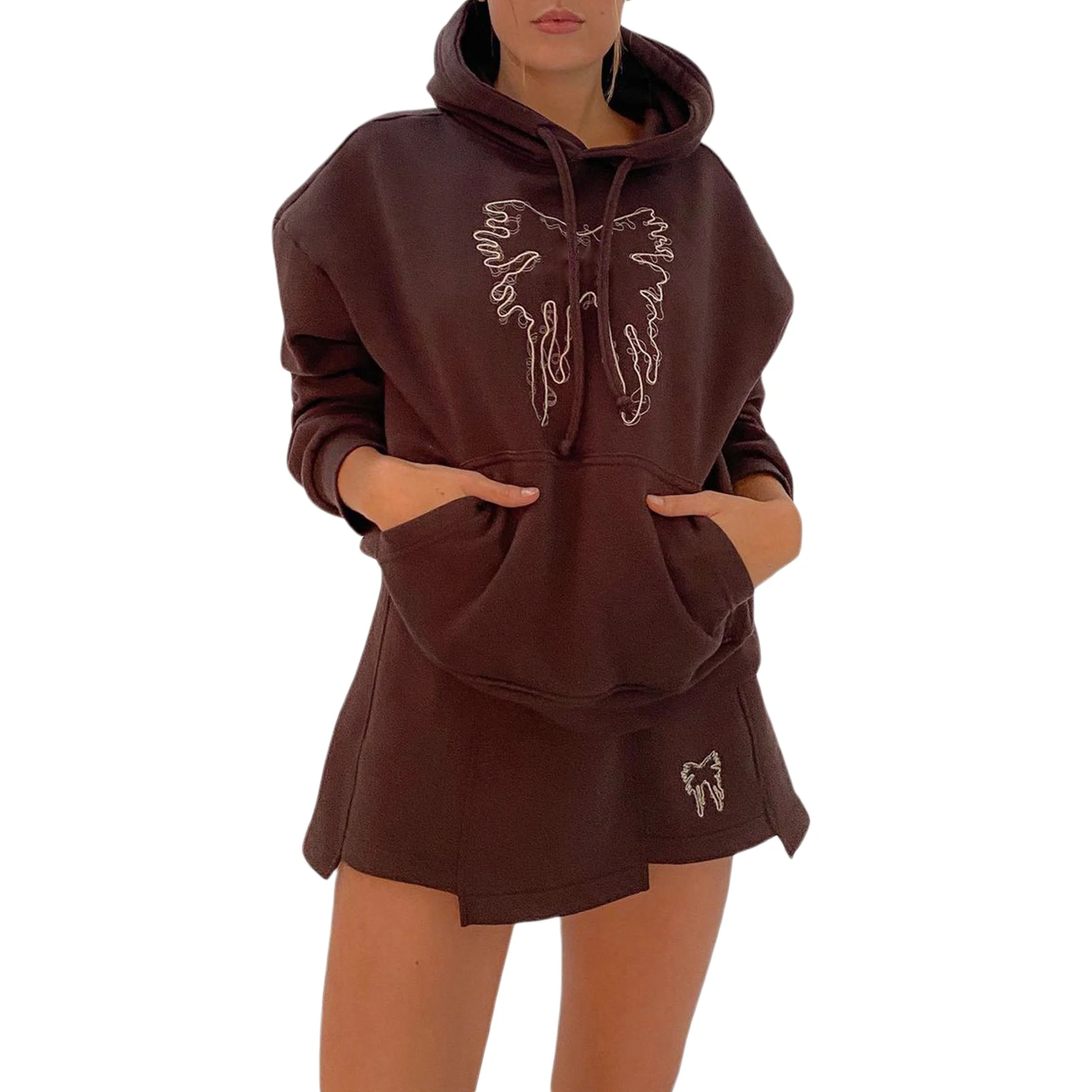 

Fashionable Women's Casual 2 Piece Outfits, Long Sleeve Butterfly Embroidery Hoodie + Mini Skirt Set,Brown,S/M/L