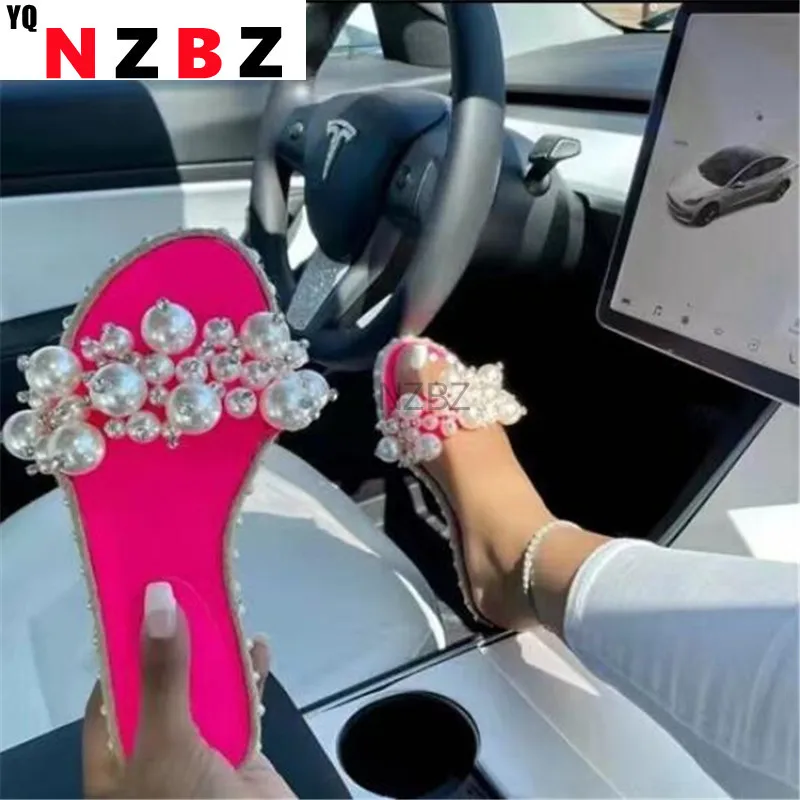 

Pearl Slippers Women Summer Sandals 2021 Fashion Bling Female Candy Color Beach Diamond Slippers Flat Shoes Outdoor Sandals