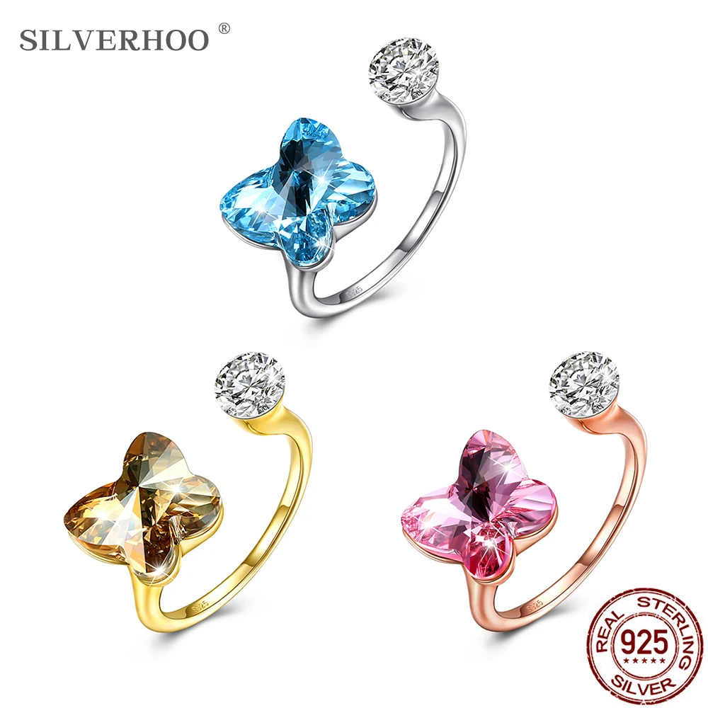 

SILVERHOO 925 Sterling Silver Rings For Women Romantic Butterfly Shaped Adjustable Opening Austria Crystal Cubic Zirconia Ring