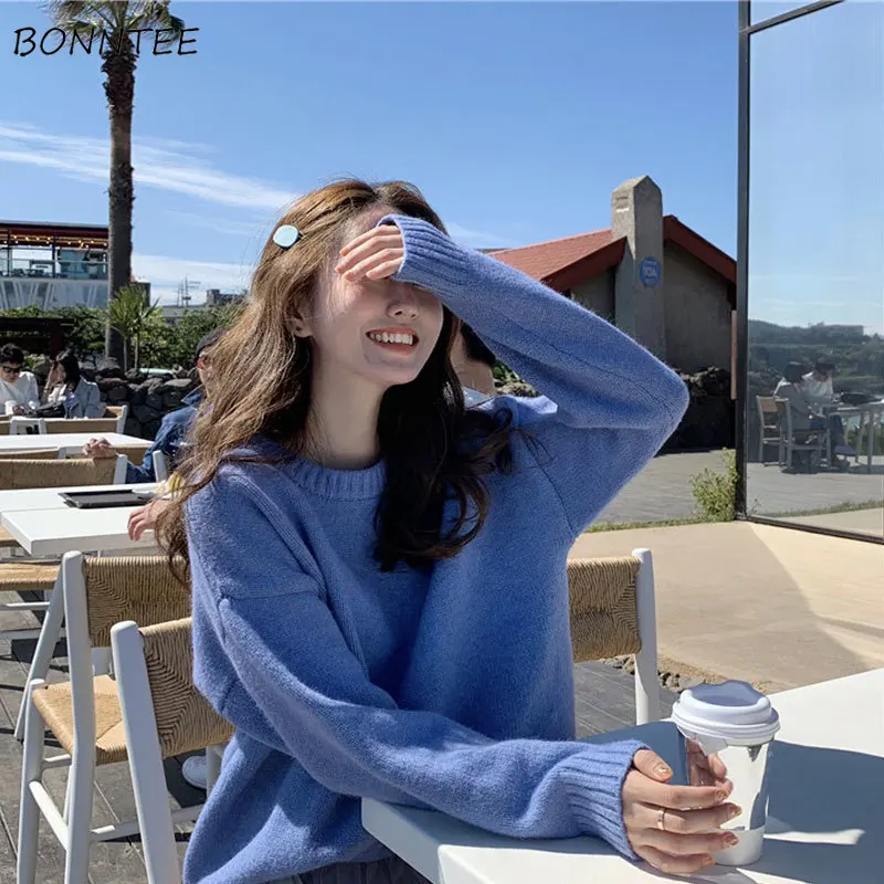 Пуловер женский с круглым вырезом однотонный Свободный пуловер карамельных