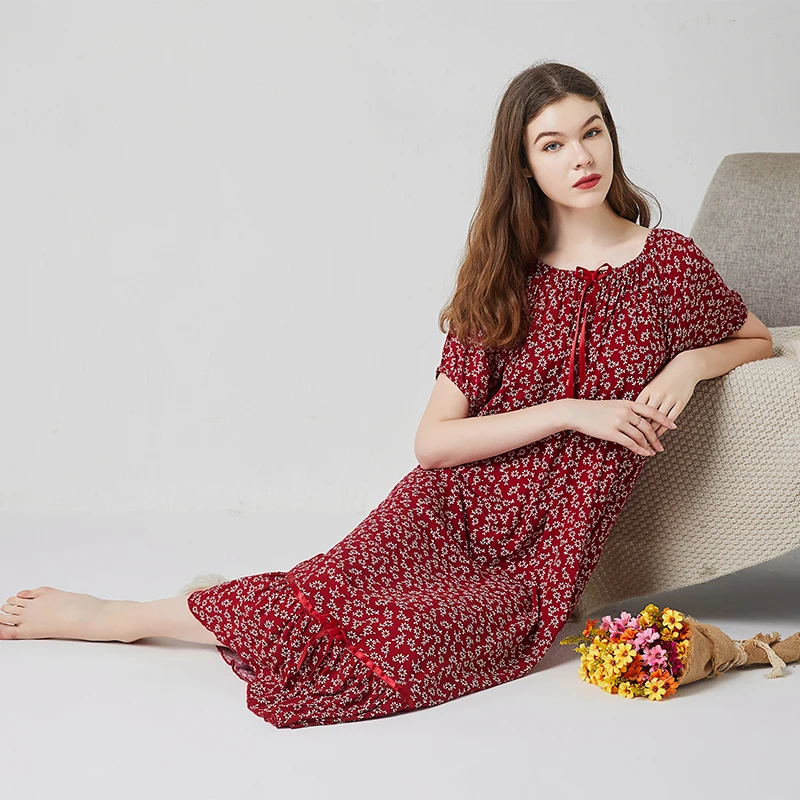 New Nightdress Women Viscose Short Sleeve Floral Nightgown Elastic Collar Long Dressing Gown Summer Sleepdress Casual Homewear