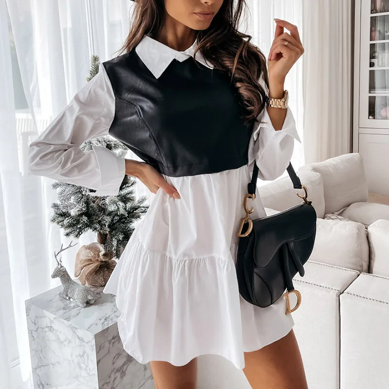 

Elegant Turn-down Collar PU Leather Dress Women 2Pcs Sexy Long Sleeve Party Dresses Ladies Patchwork Mini Dress Vestidos