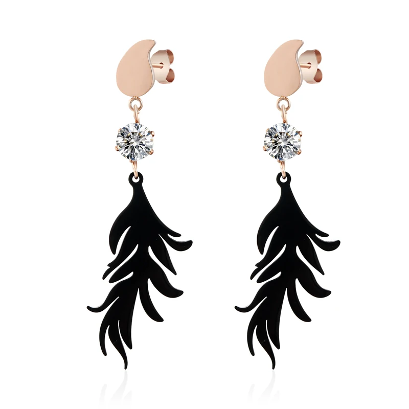 

Classic Design Jewelry Top Quality Stainless Steel Black Feather Drop Earring Rose Gold Color Crystal Woman Earring