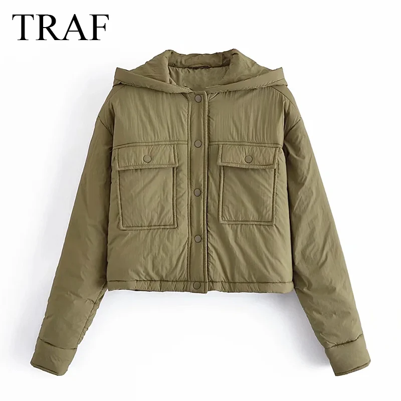 

TRAF ZA Jacket Fashion Warm Parka Hoode Casual Outwear Woman Clothes Slim Fit Long Sleeve Single-Breasted Female Coat Winter