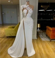 2021 arabic dubai lace white evening dresses high neck one shoulder long sleeve formal prom gowns split robes de mariee